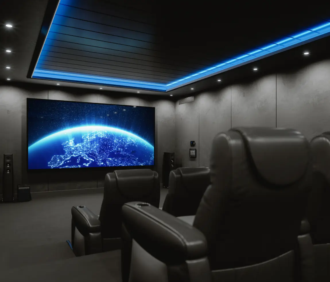 Home theater with large screen showing Earth.
